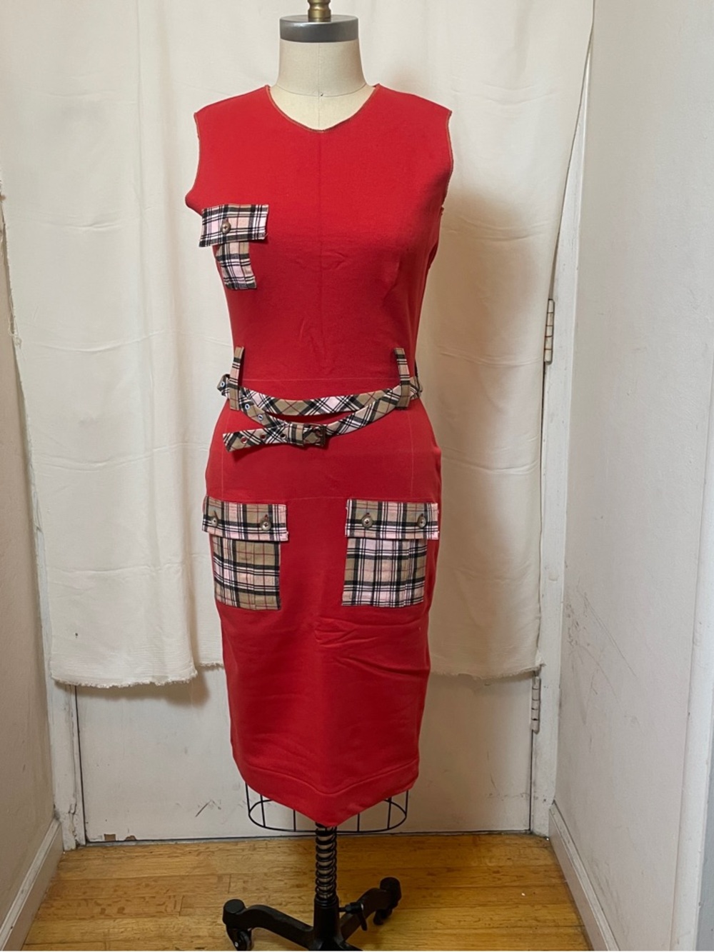 Hand Crafted Red Bodycon Midi Dress with Plaid Pocket Accents